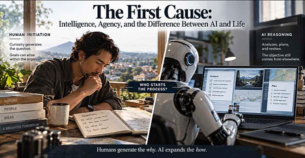 The First Cause: Intelligence, Agency, and the Difference Between AI and Life