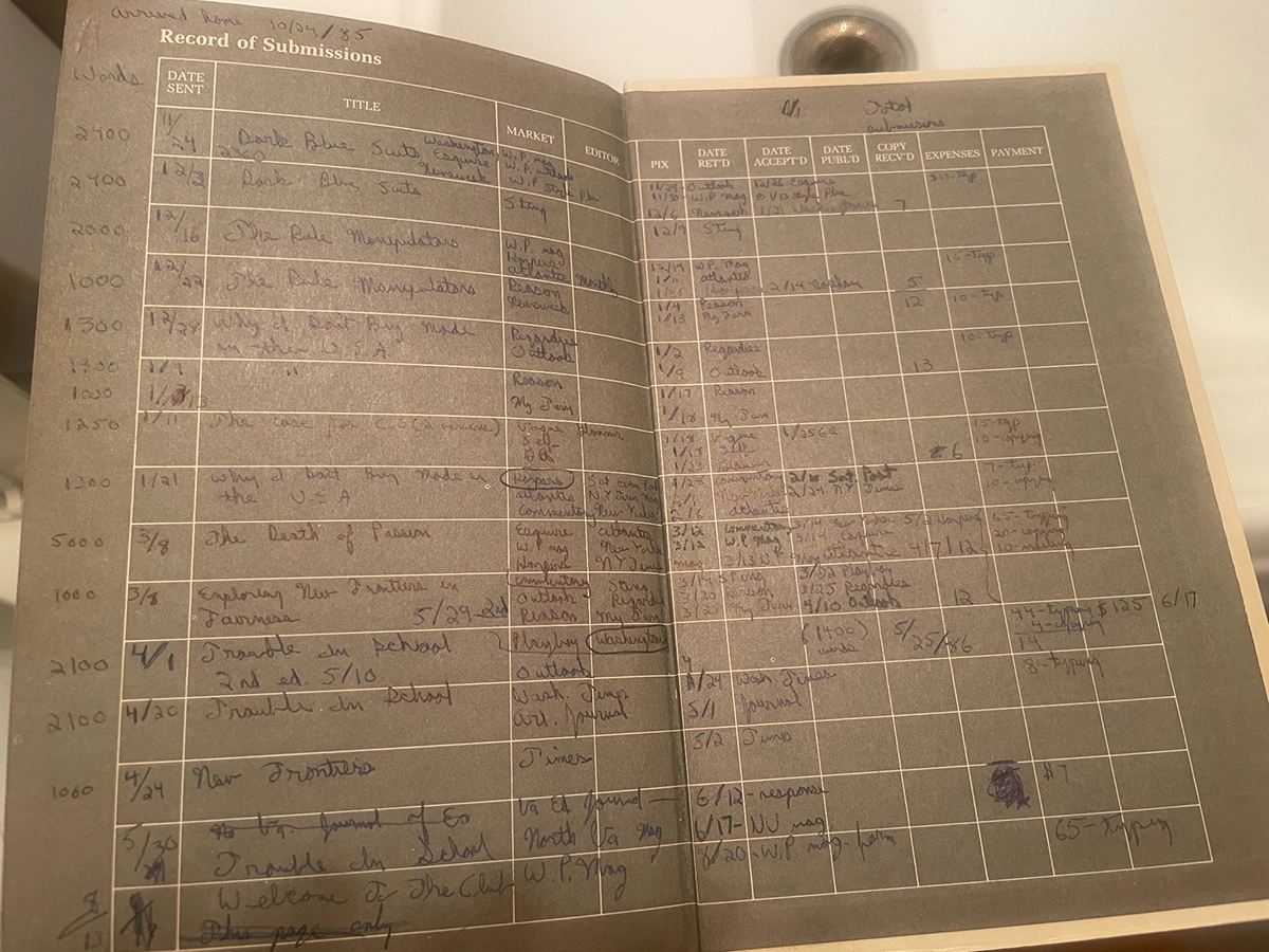 Handwritten ledger of book submissions and payments