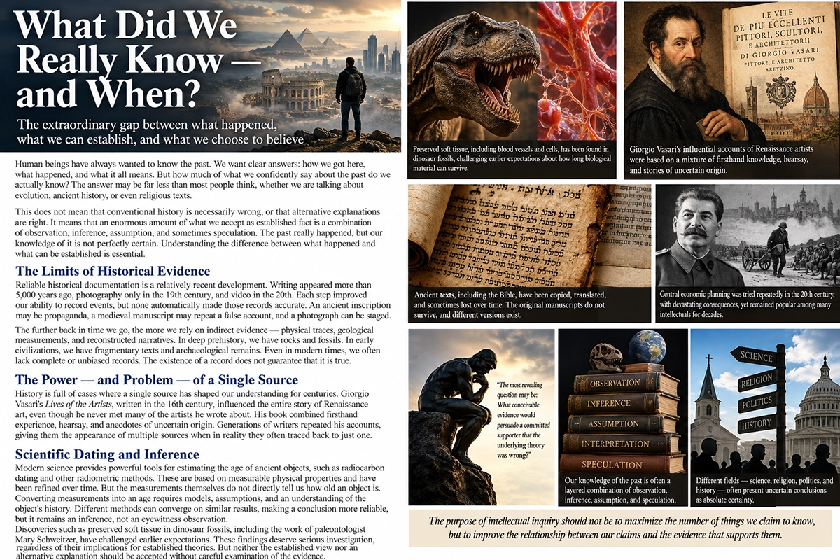 Infographic exploring historical evidence, scientific inference, and uncertainty in understanding the past
