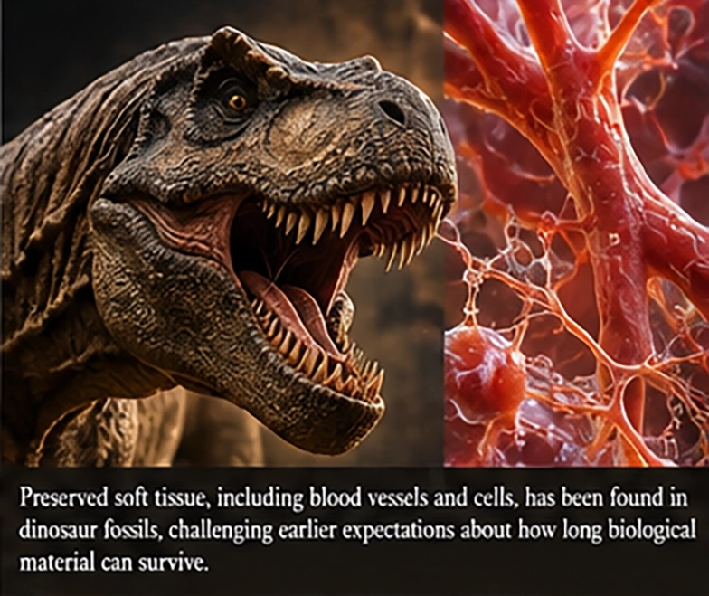 Illustration of a dinosaur skull and preserved soft tissue in fossils
