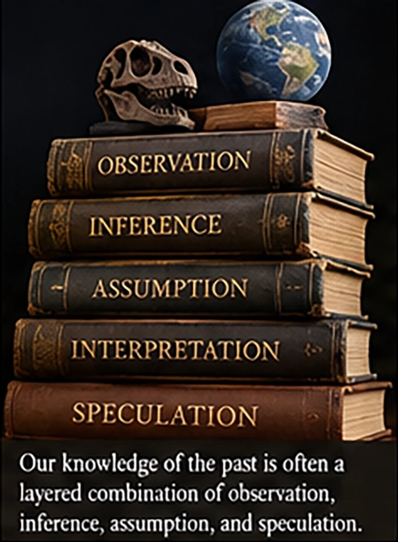 Books illustrating layers of historical knowledge, from observation to speculation