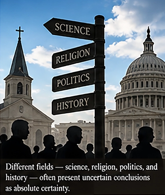 Signpost contrasting science, religion, politics, and history