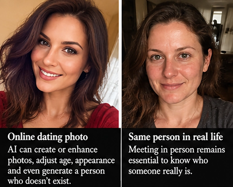 Comparison of an enhanced dating photo and a real life appearance.