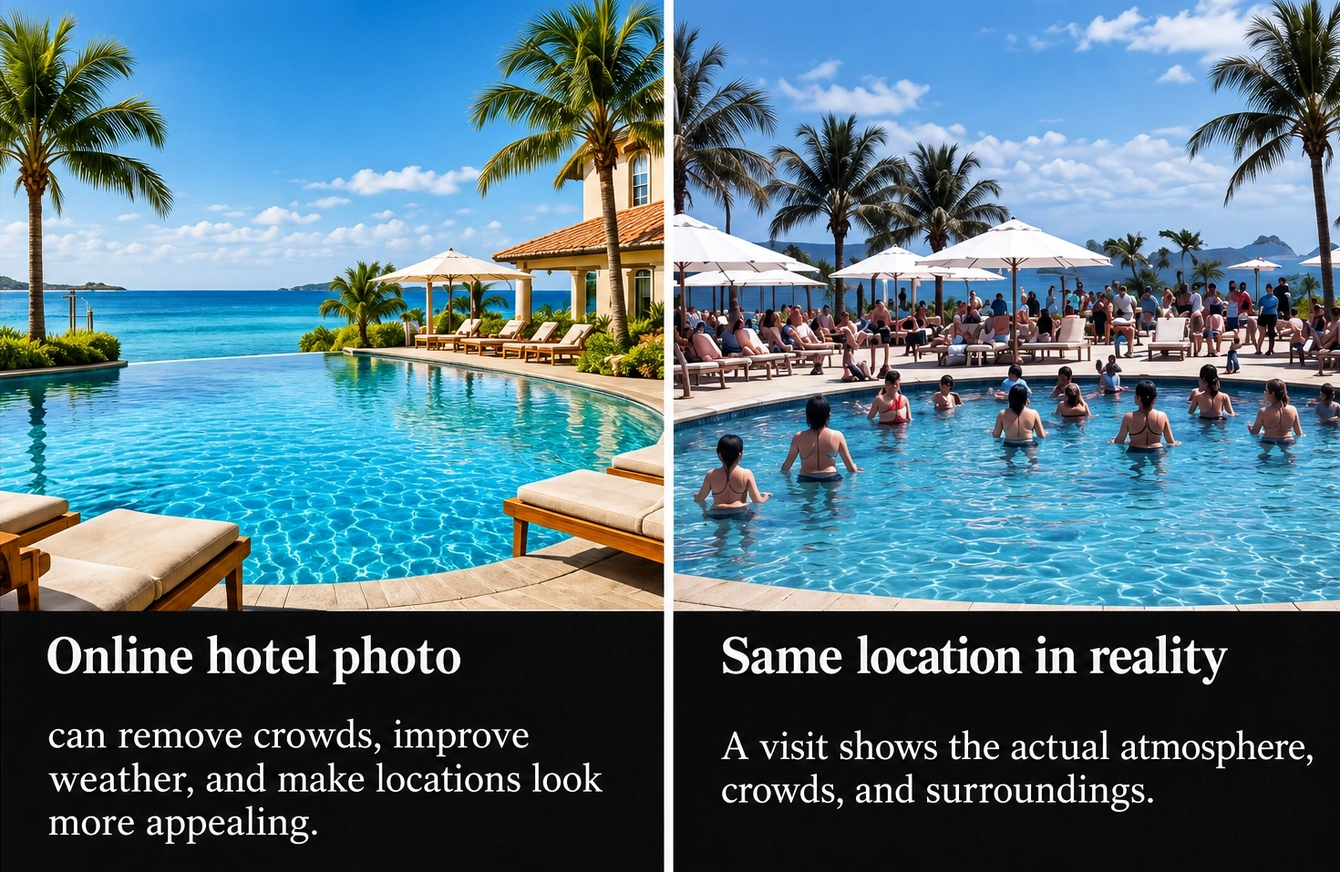 Comparison of an idealized hotel pool and the actual crowded location