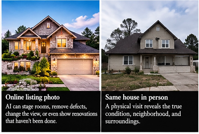 Comparison of an enhanced house listing photo and the actual property