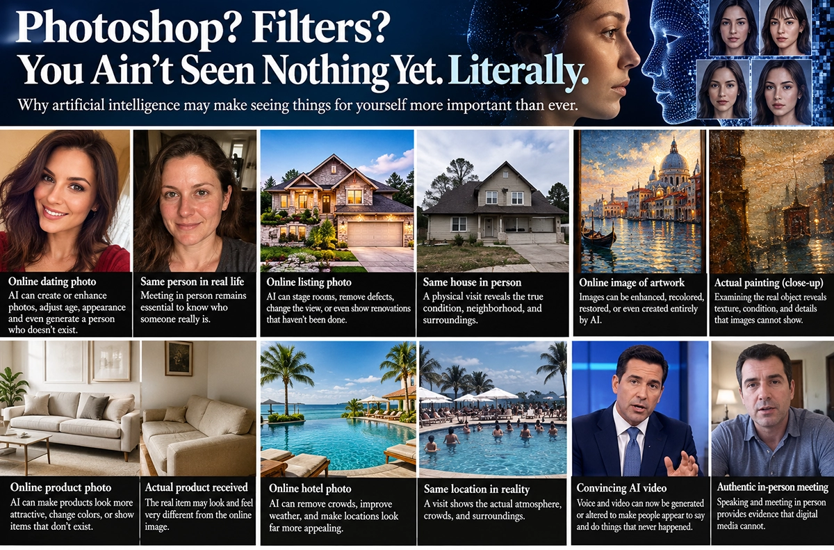 Infographic comparing AI generated images with real life evidence across people, homes, products, and locations
