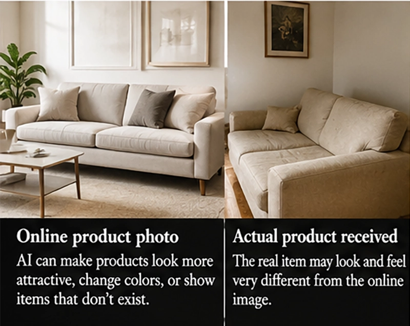 Comparison of an online sofa photo and the actual product received